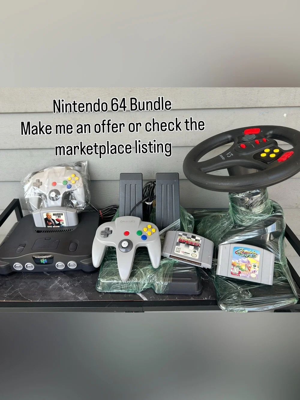 Nintendo N64 Console Bundle with Gray Controllers and Black Racing Wheel